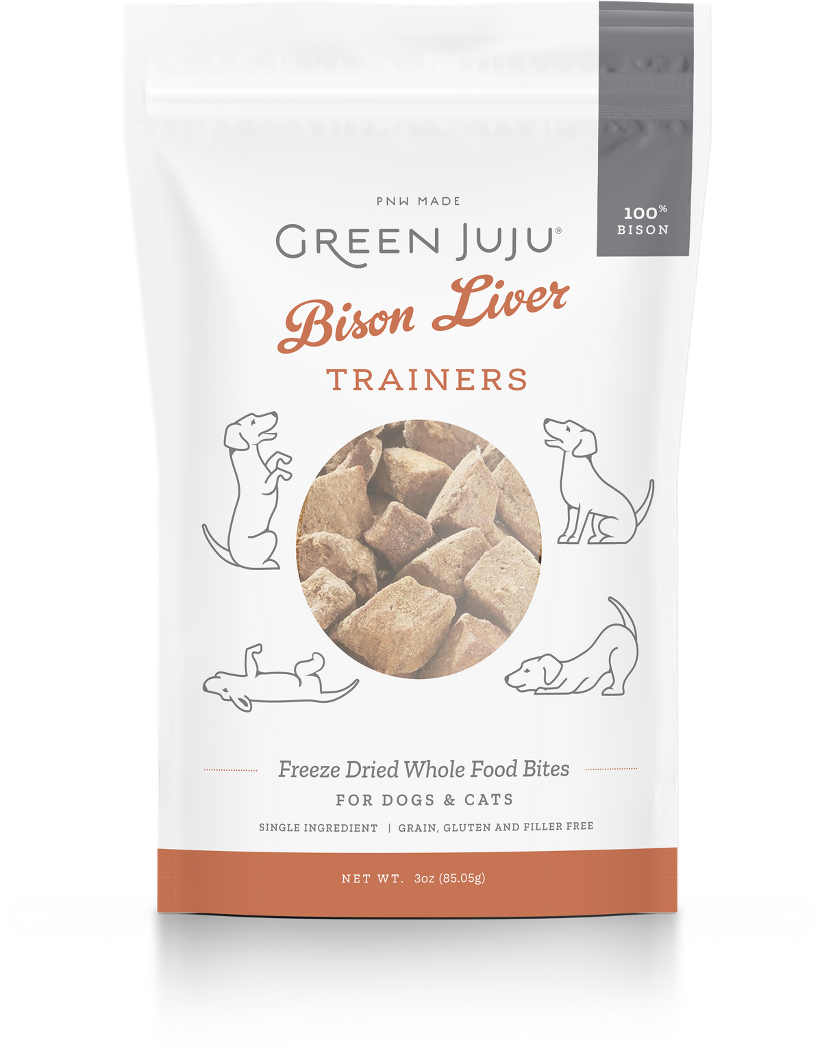Green Juju freeze-dried bison liver trainers for whole-body vitality, nutrient-dense neutral protein organ treats for training puppies and kittens.