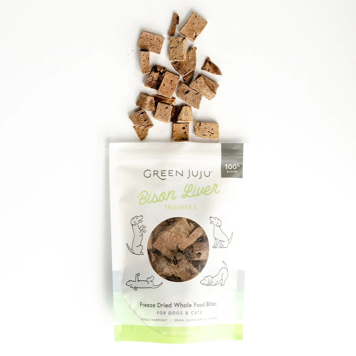 Green Juju freeze-dried bison liver trainers for whole-body vitality, nutrient-dense neutral protein organ treats for training puppies and kittens.