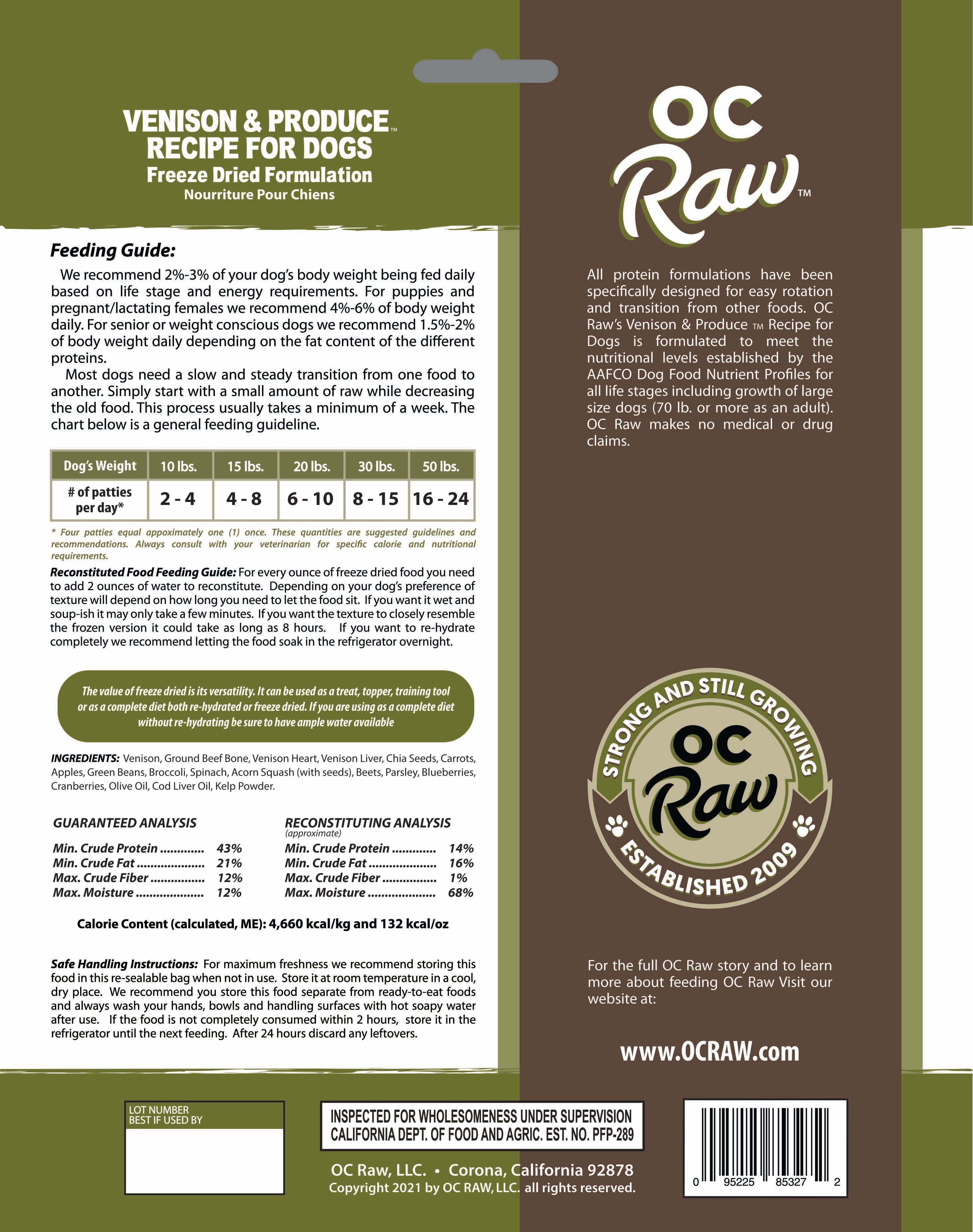 OC Raw Freeze Fried Raw Dog Food: USDA Venison, 90% Meat, Grain-Free