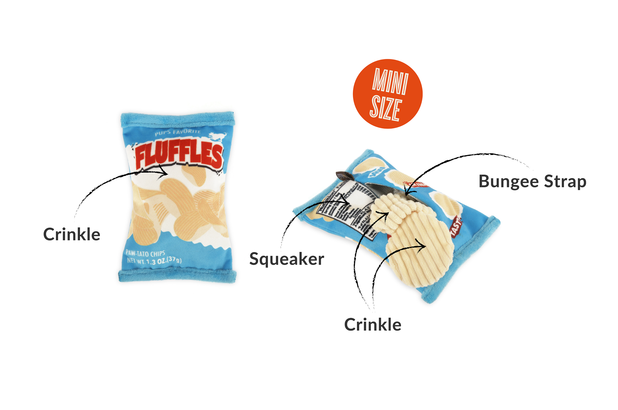 [Pre-Order] P.L.A.Y. Snack Attack Squeaky Plush Dog toys, Fluffles Chips (mini sized)