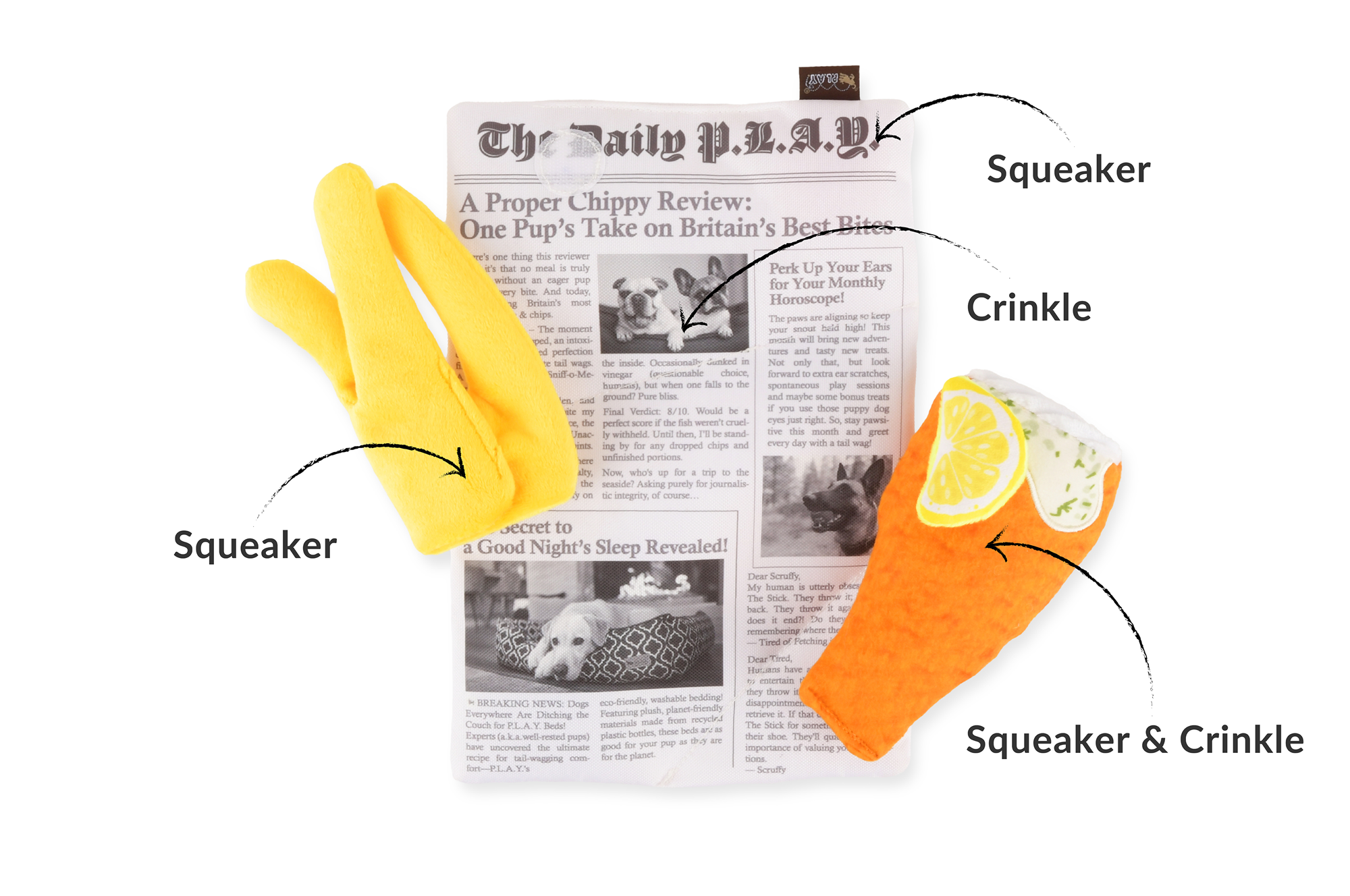 [Pre-Order] P.L.A.Y. The International Classic Squeaky Plush Dog Toy, Fish and Chips