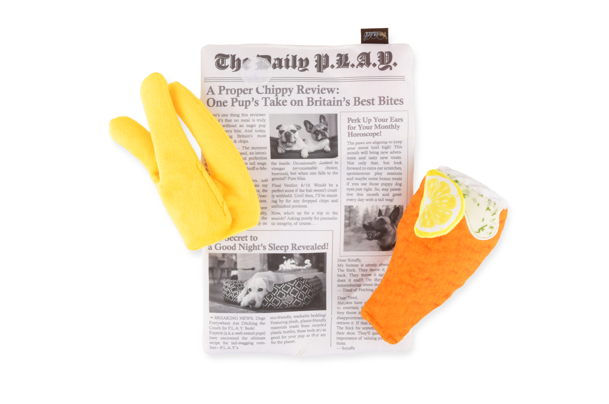 [Pre-Order] P.L.A.Y. The International Classic Squeaky Plush Dog Toy, Fish and Chips