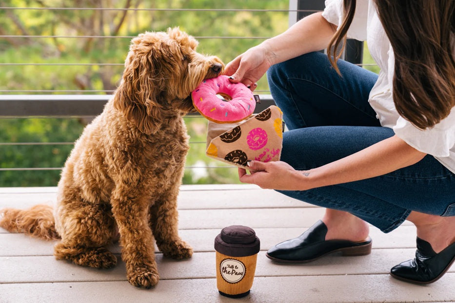 [Pre-Order] P.L.A.Y. Pup Cup Cafe Squeaky Plush Dog toys, Doughboy Donut (mini sized)