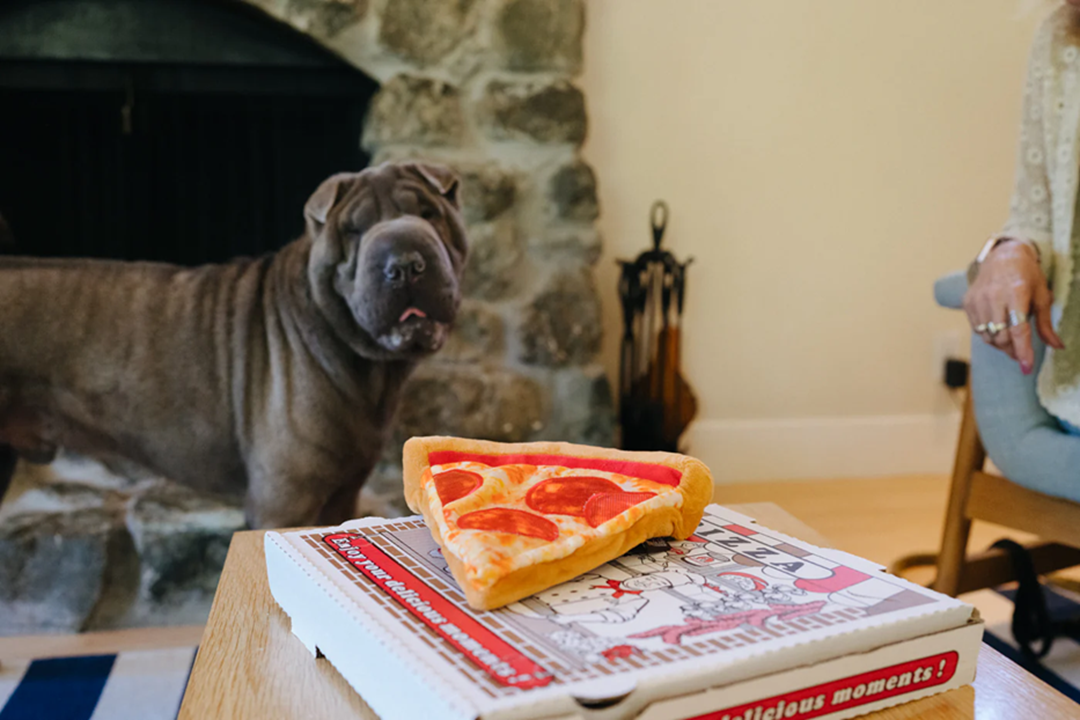 [Pre-Order] P.L.A.Y. Snack Attack Squeaky Plush Dog toys, Puppy-roni Pizza (mini sized)