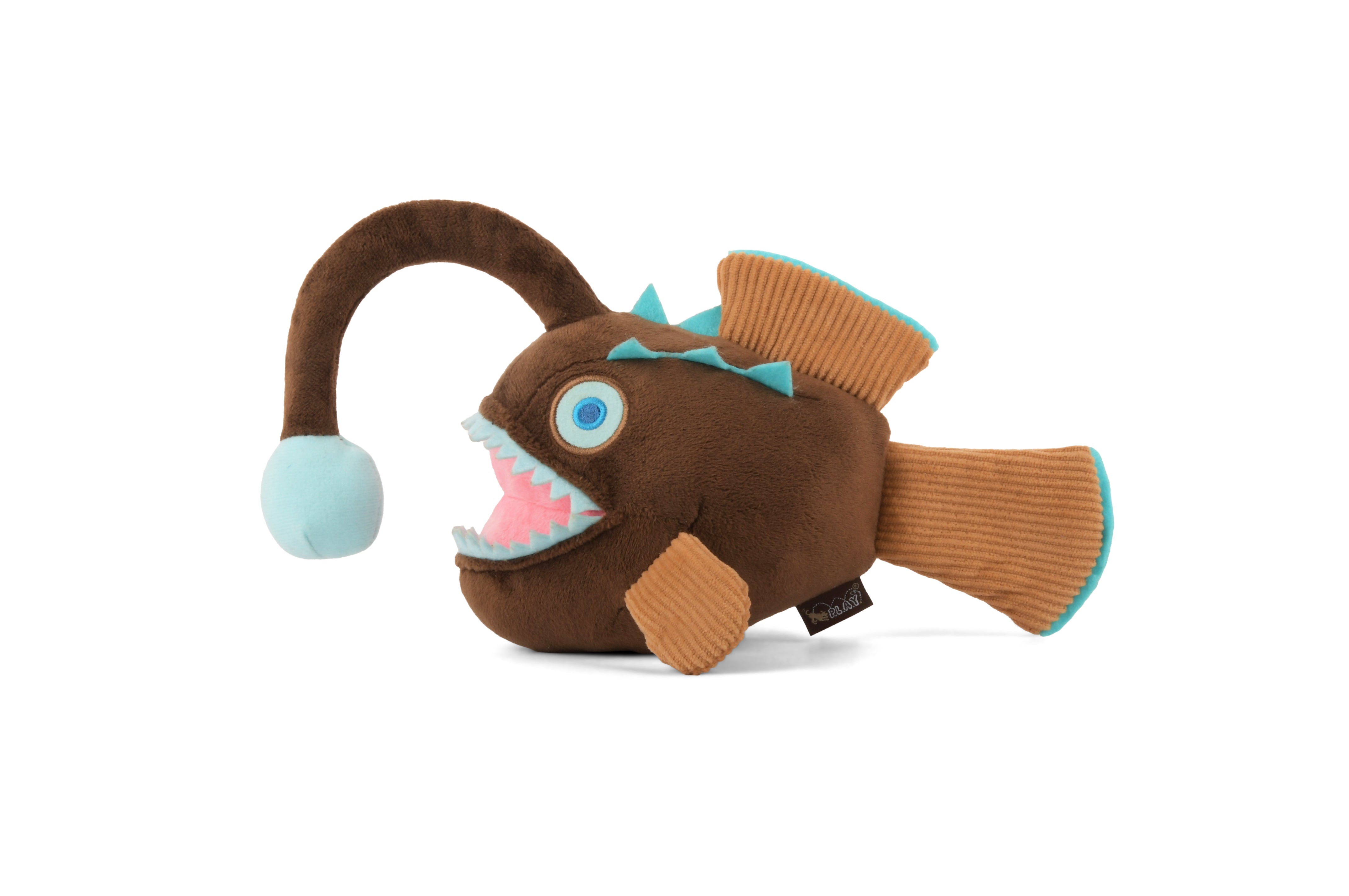 P.L.A.Y. Ocean Buddies Angler Fish squeaky & rope plush dog toy with a glowing lure detail.