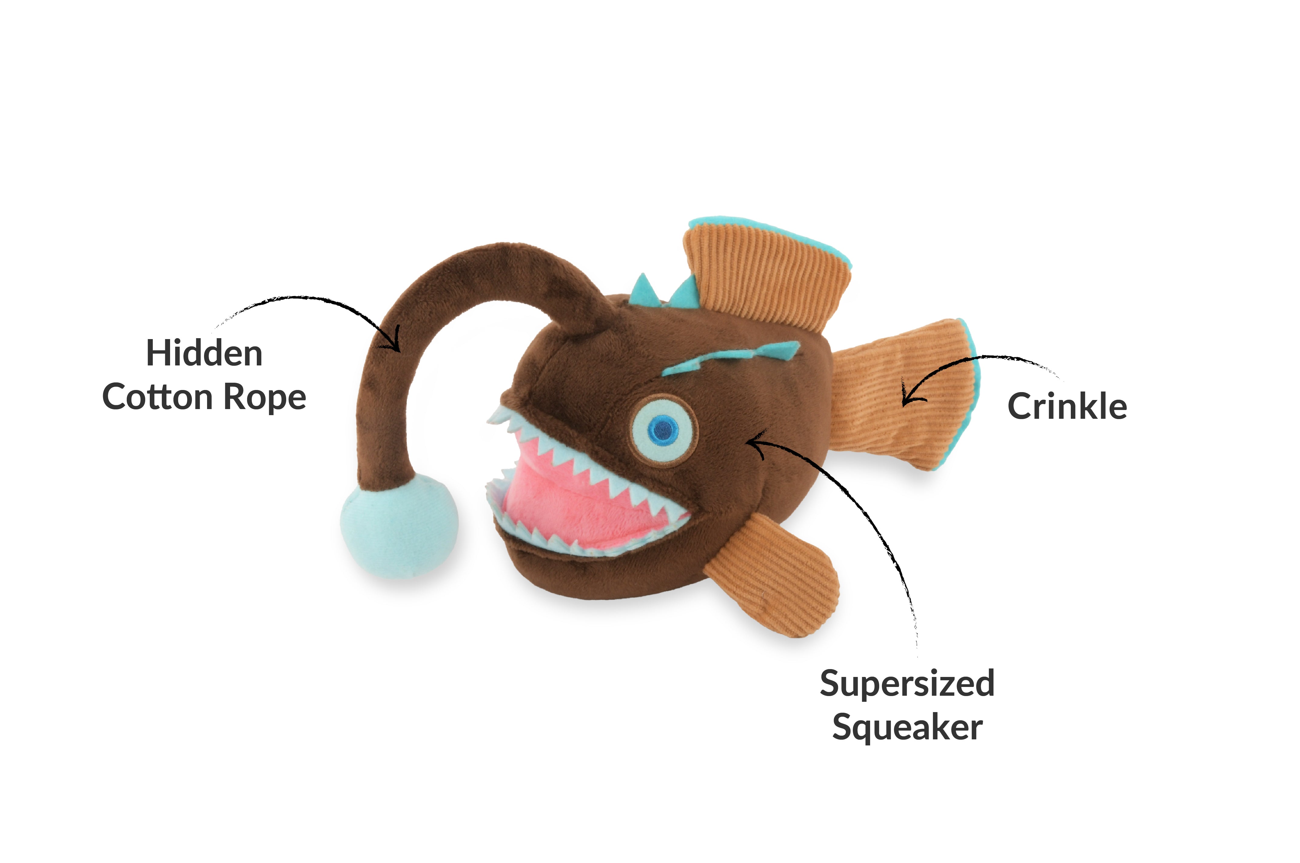 P.L.A.Y. Ocean Buddies Angler Fish squeaky & rope plush dog toy with a glowing lure detail.