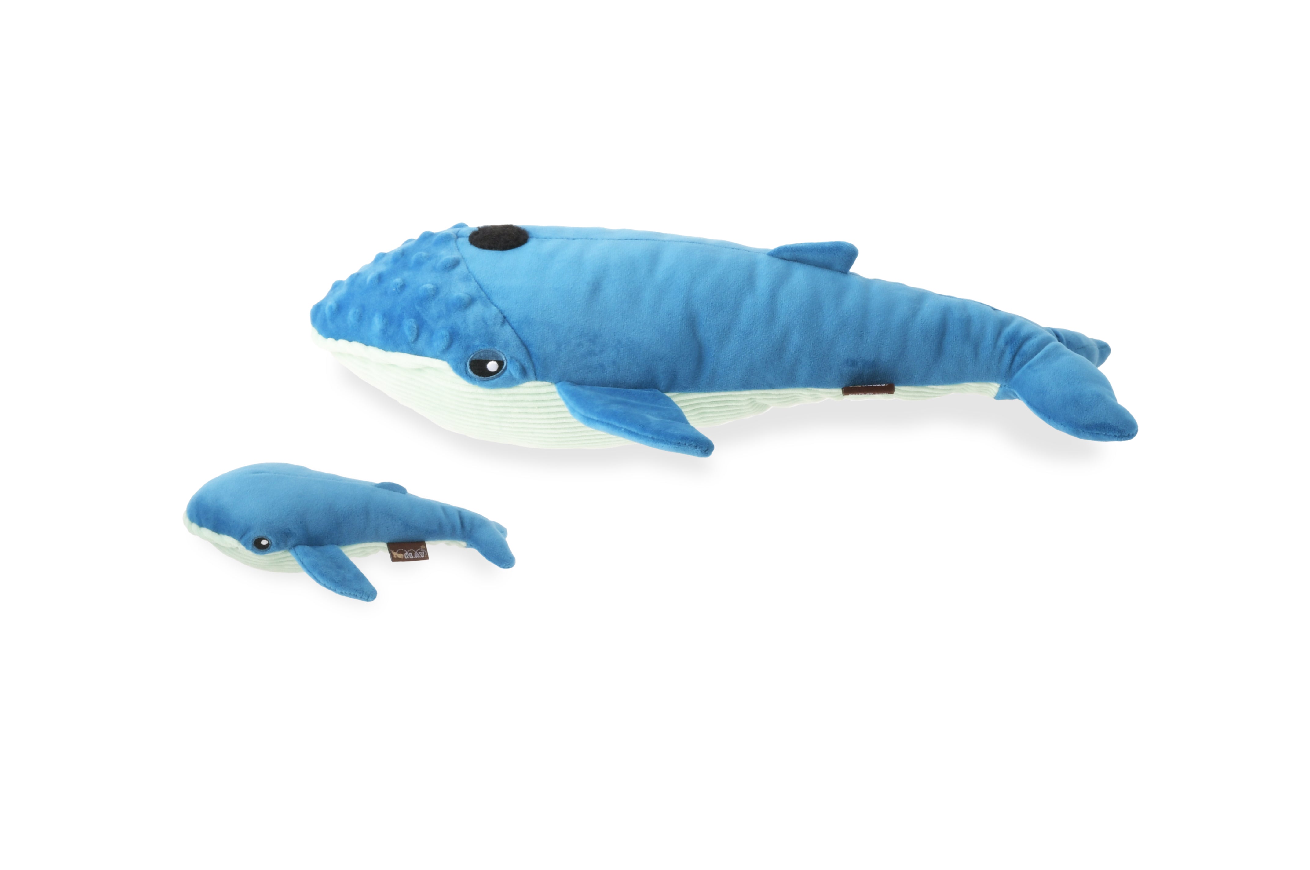 P.L.A.Y. Ocean Buddies Big Blue and Baby Blue whale interactive squeaky plush dog toy duo in blue fabric.