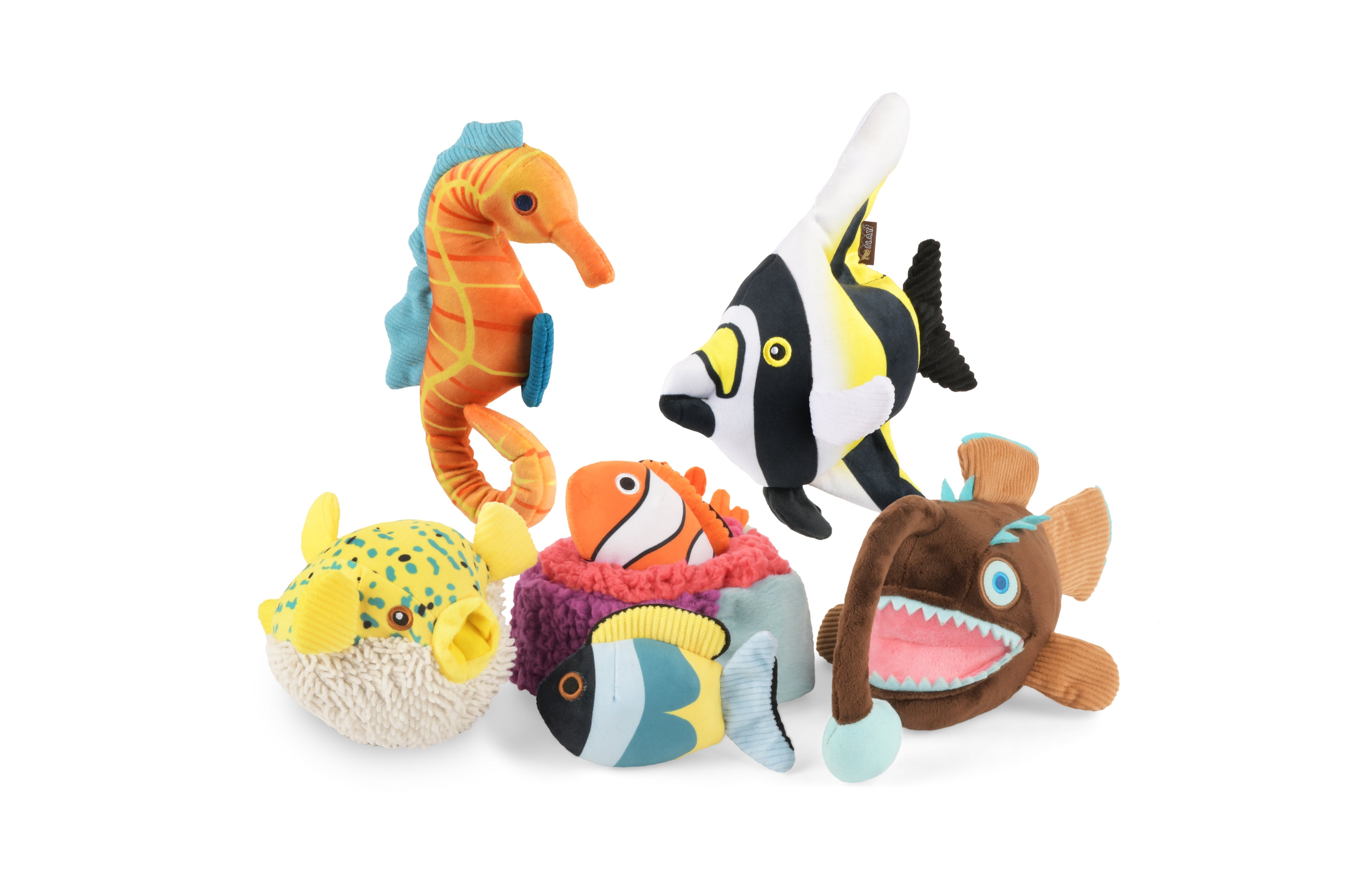 P.L.A.Y. Ocean Buddies Reef Retreat colourful coral reef interactive plush dog toy with two small squeaky fish.