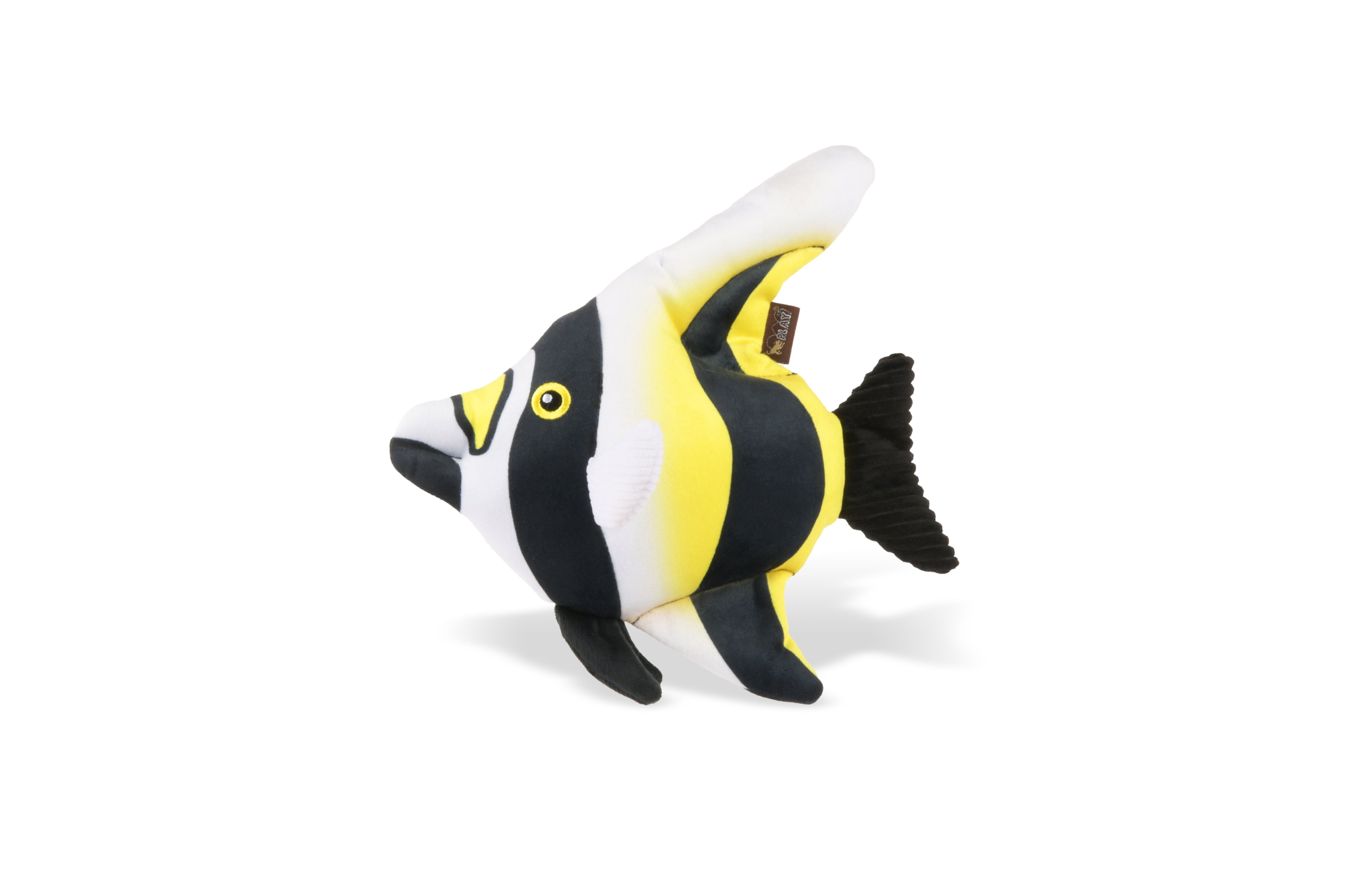 P.L.A.Y. Ocean Buddies Moorish Idol colourful tropical fish interactive squeaky plush dog toy with yellow, black, and white stripes.