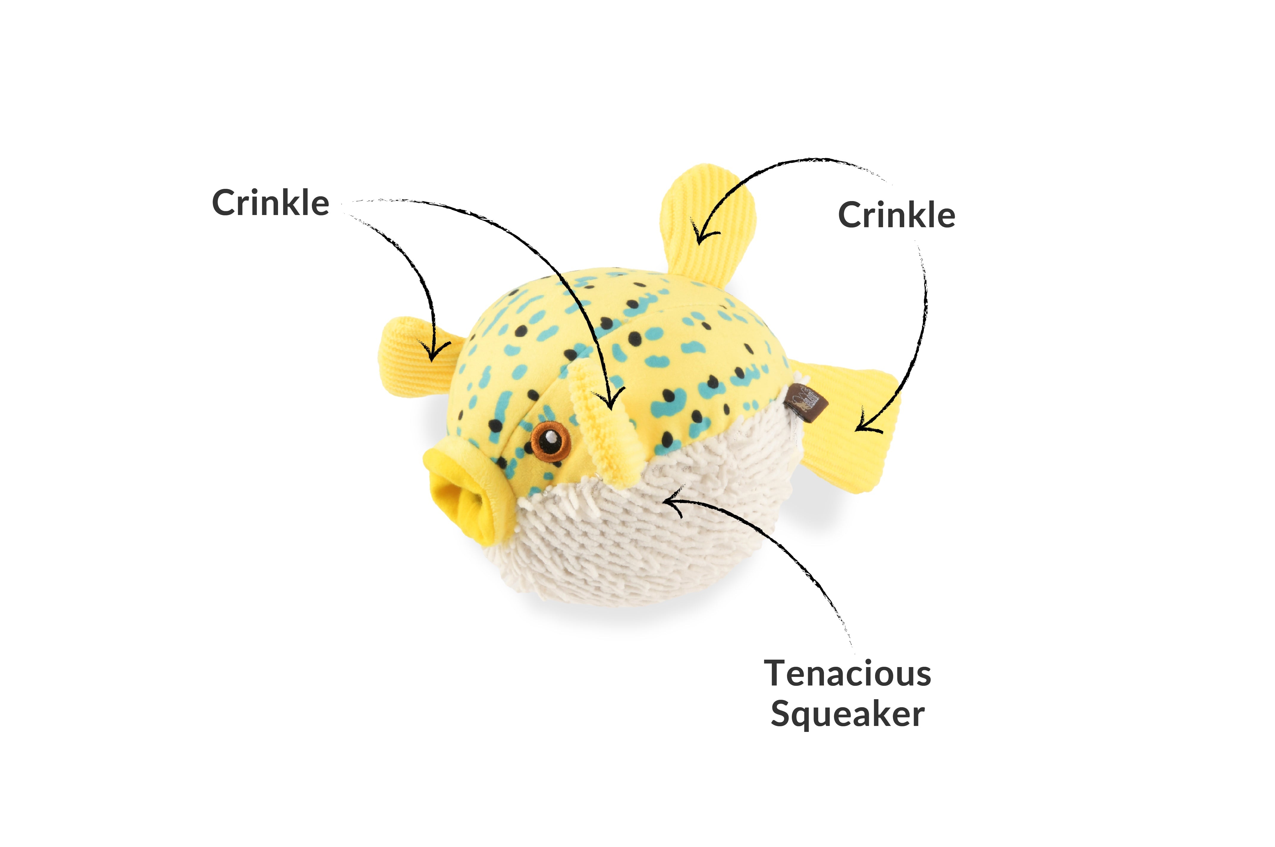P.L.A.Y. Ocean Buddies Puffer Fish interactive squeaky plush dog toy in a round, spiky-textured design.