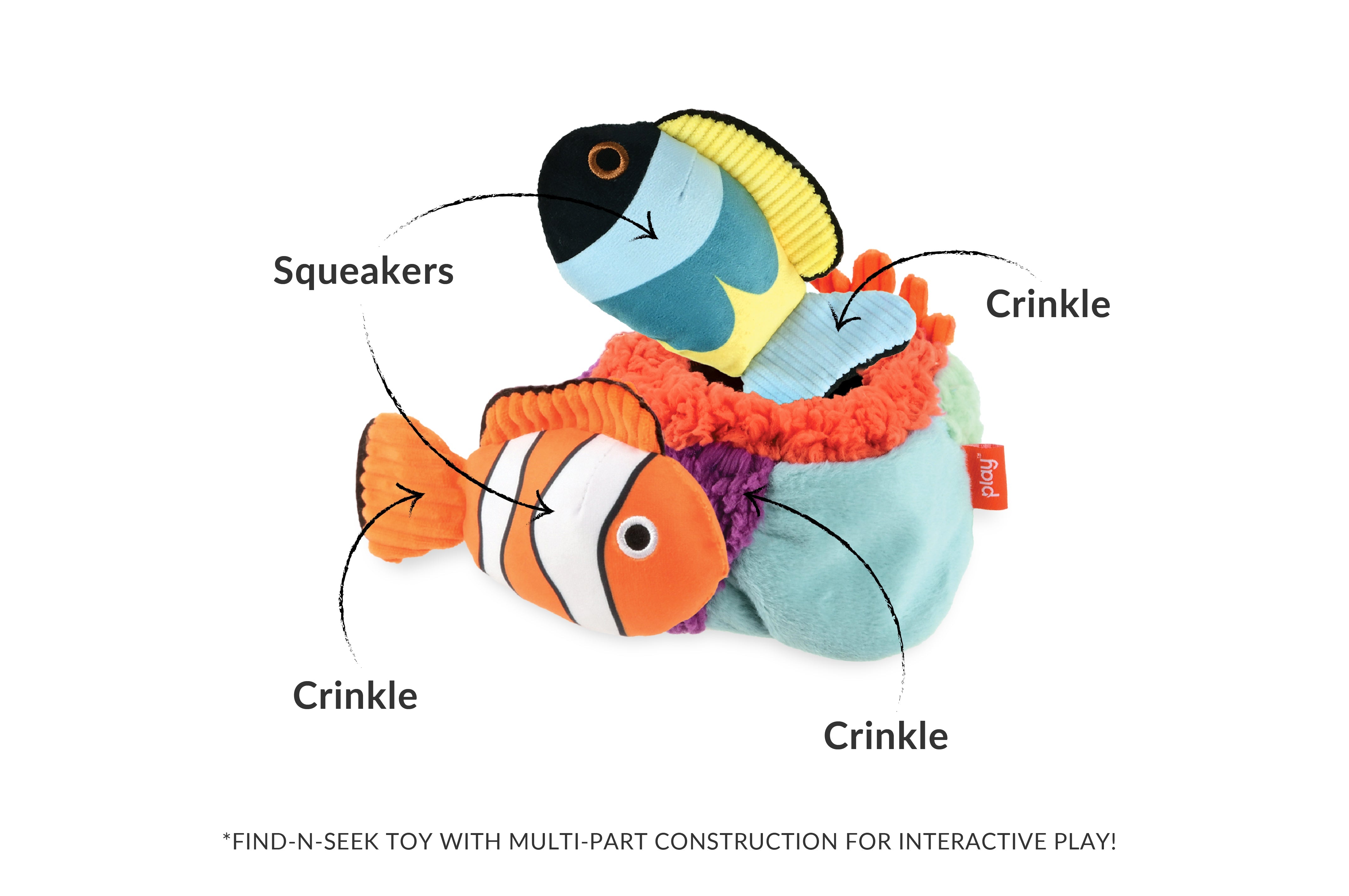 P.L.A.Y. Ocean Buddies Reef Retreat colourful coral reef interactive plush dog toy with two small squeaky fish.