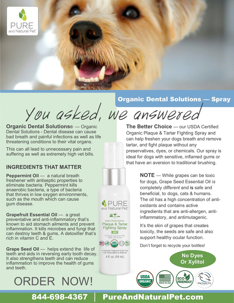 Pure and Natural Dog Organic Dental Solutions Breath Spray: Plaque & Tartar Control