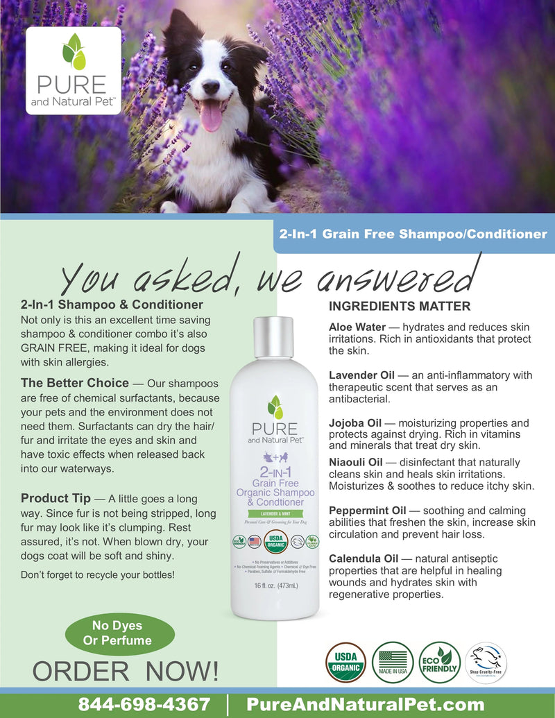 Pure and Natural Organic Dog Shampoo: 2-in-1 Grain Free