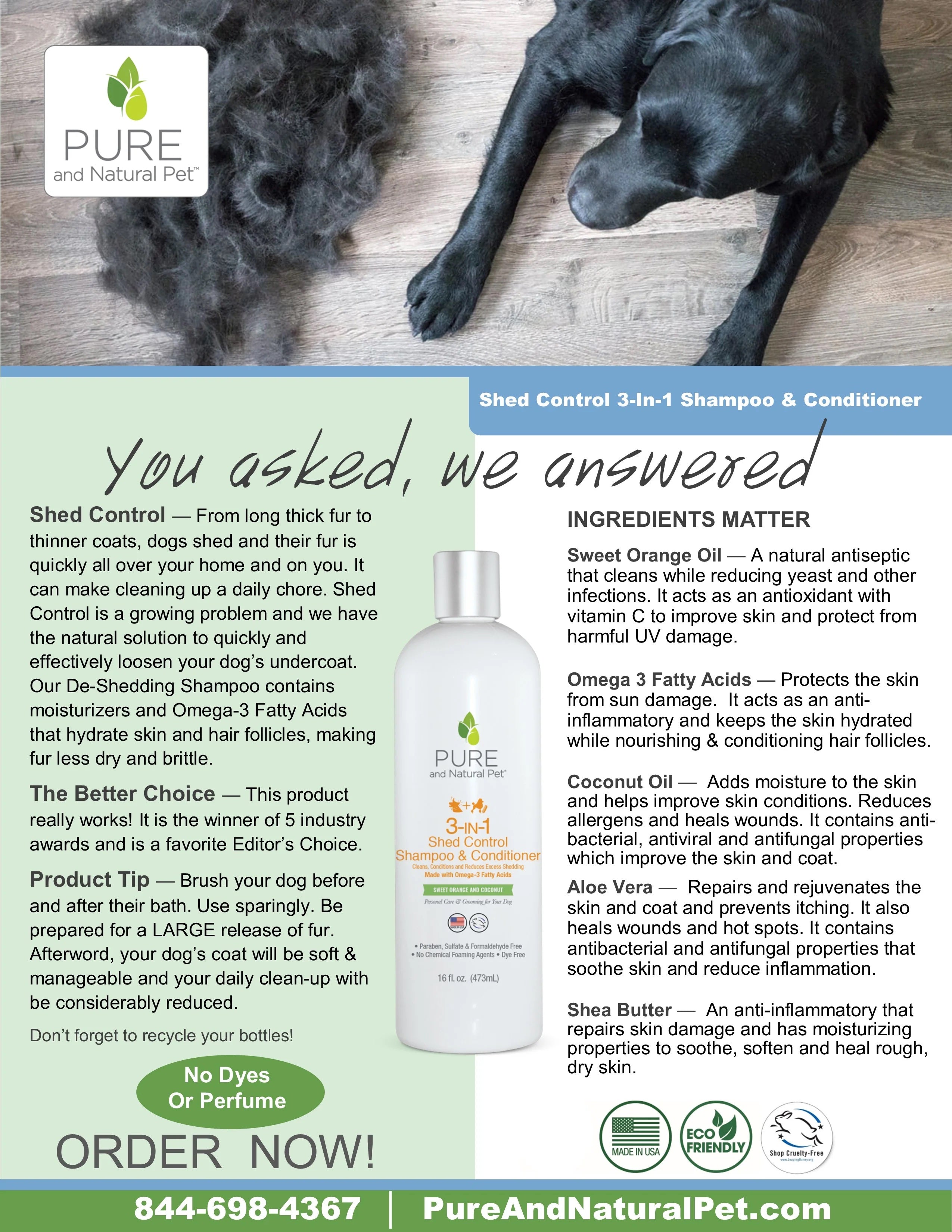Pure and Natural Organic Dog Shampoo & Conditioner: 3-IN-1 Shed Control