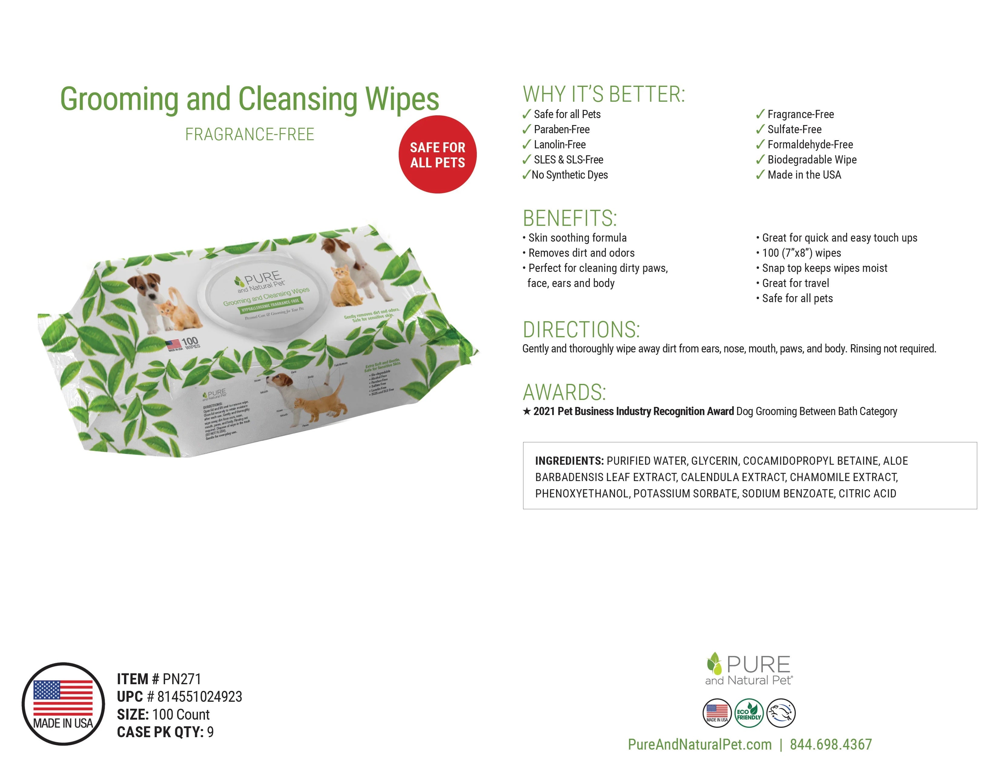 Pure and Natural Pet Grooming and Cleansing Wipes: Fragrance-Free