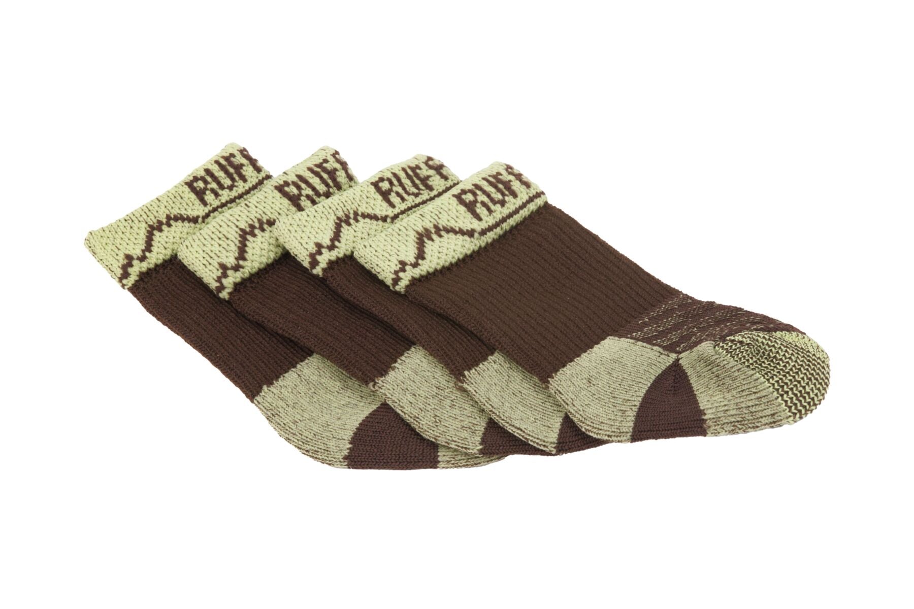 Ruffwear Bark'n Boot Dog Socks in a set of four, showing the engineered knit and contoured shape designed to prevent dog boot chafing.