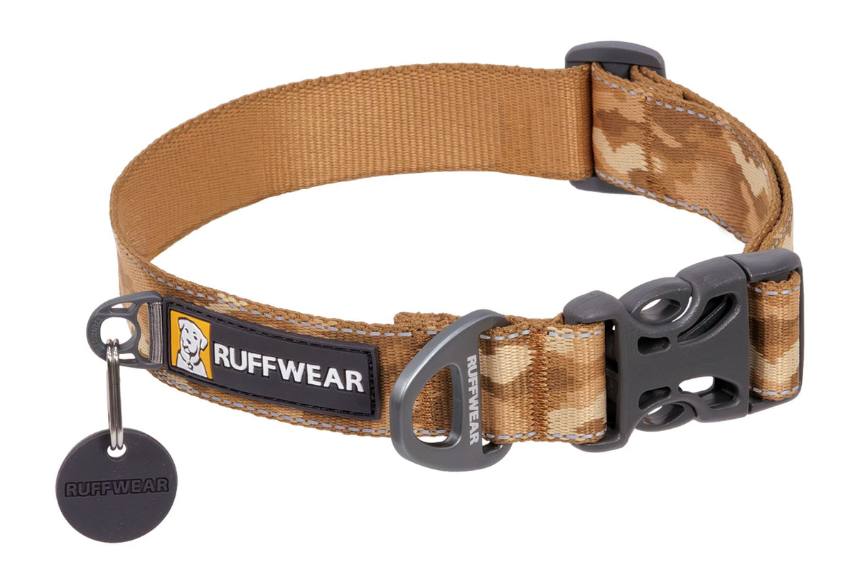Premium outdoor dog gear: Ruffwear Crag collar displayed with colourfast patterned webbing.