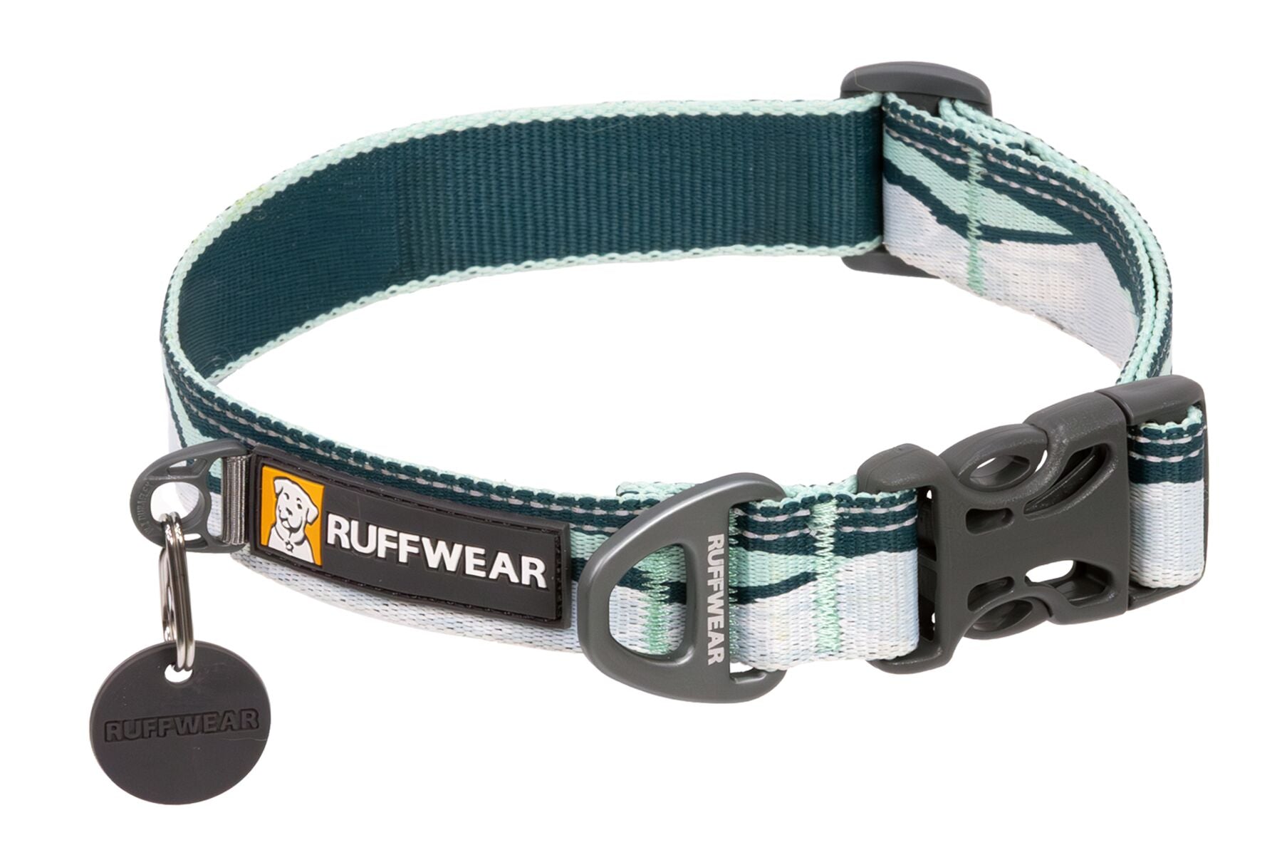 Premium outdoor dog gear: Ruffwear Crag collar displayed with colourfast patterned webbing.