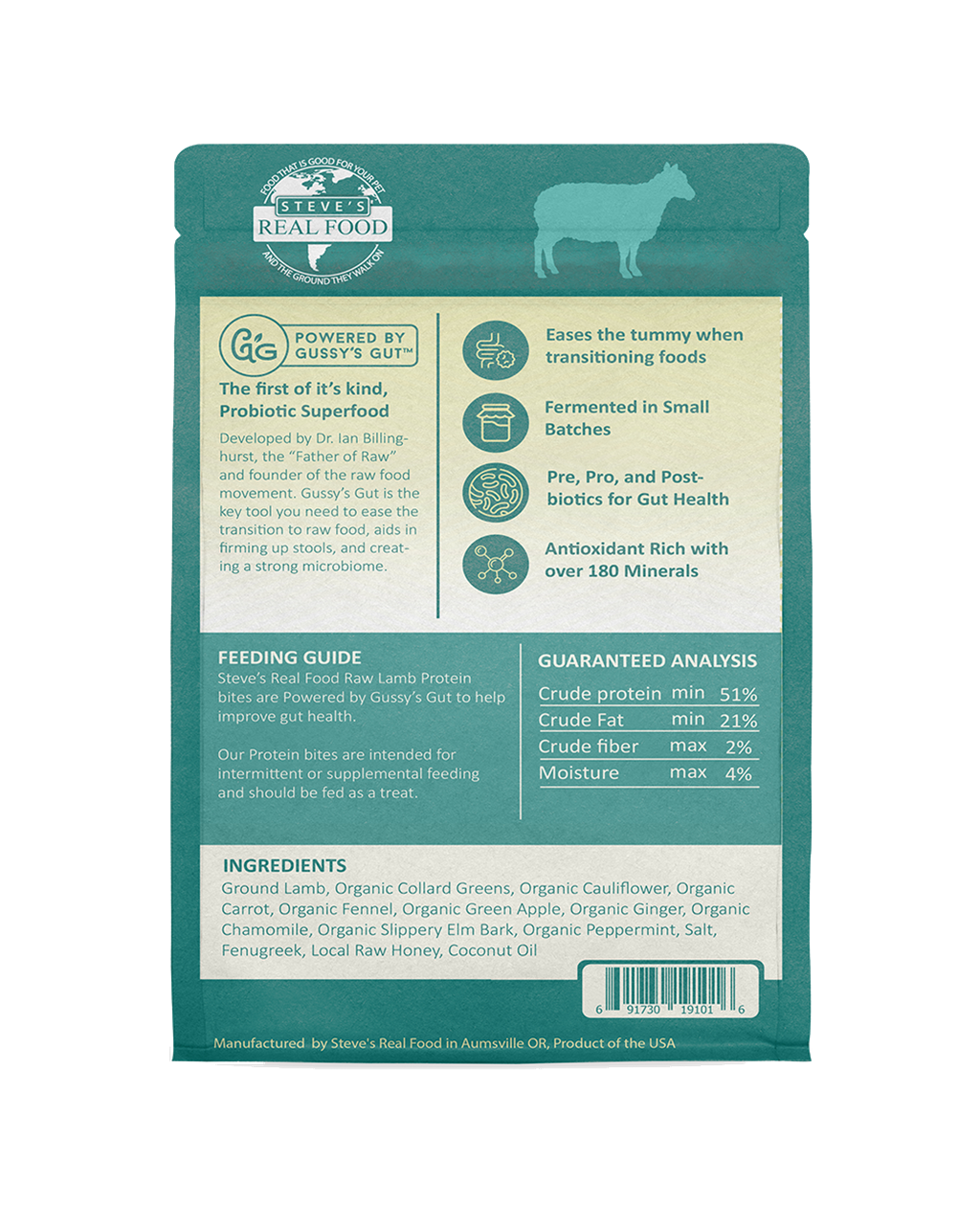 Steve's Real Food Freeze-Dried Gut Health Treats for Dogs and Cats, Lamb Protein Bites