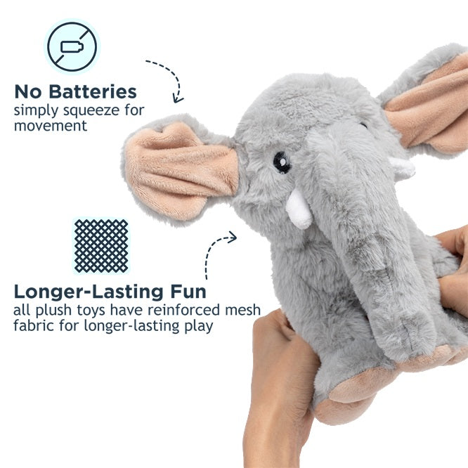 Soft texture close-up of the Tall Tails Animated Elephant dog toy made with 100% recycled plastic stuffing.