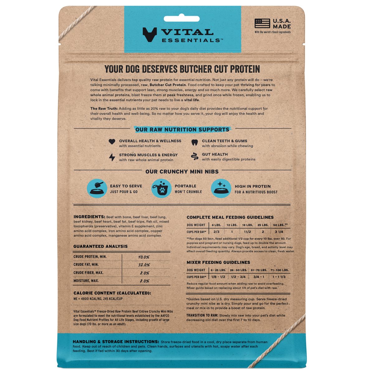 Vital Essentials nutrient rich butcher cut whole beef protein ingredients for healthy raw dog diet and muscle growth.