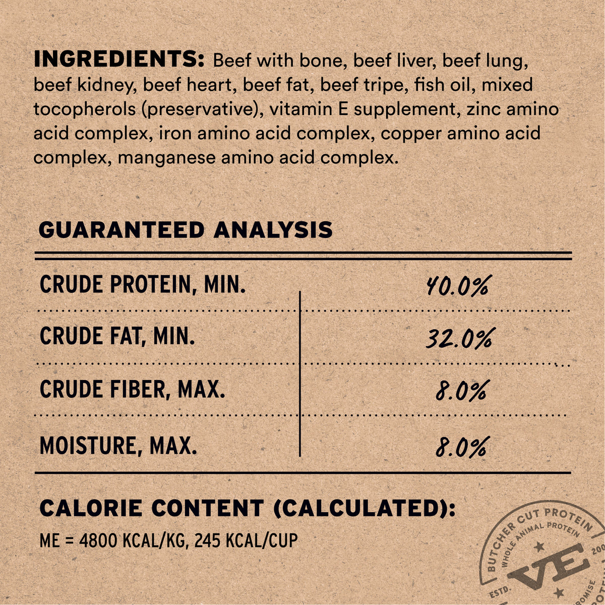 Vital Essentials nutrient rich butcher cut whole beef protein ingredients for healthy raw dog diet and muscle growth.