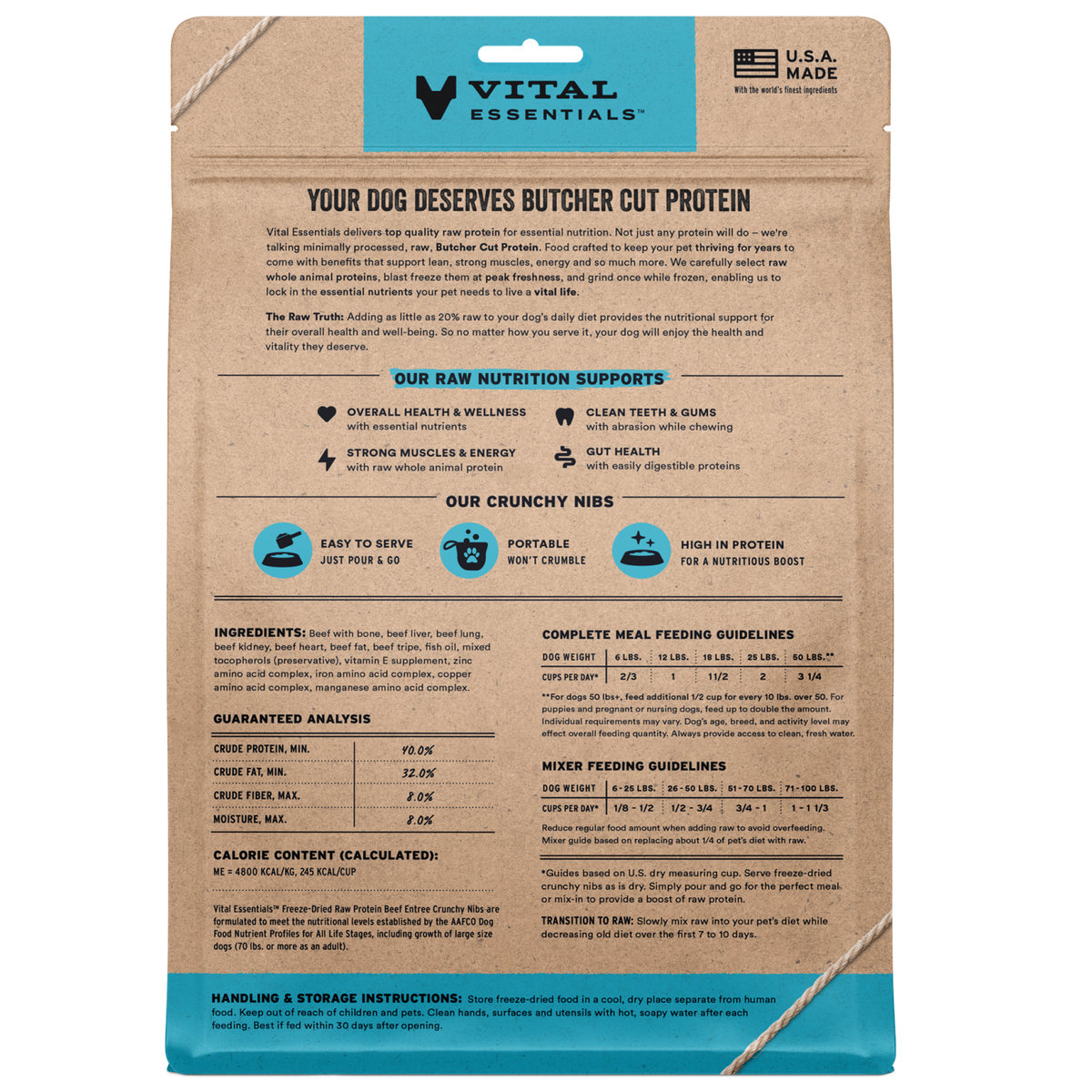 Vital Essentials Freeze-dried raw dog food crunchy nibs packed with whole animal protein for building lean strong muscles. 