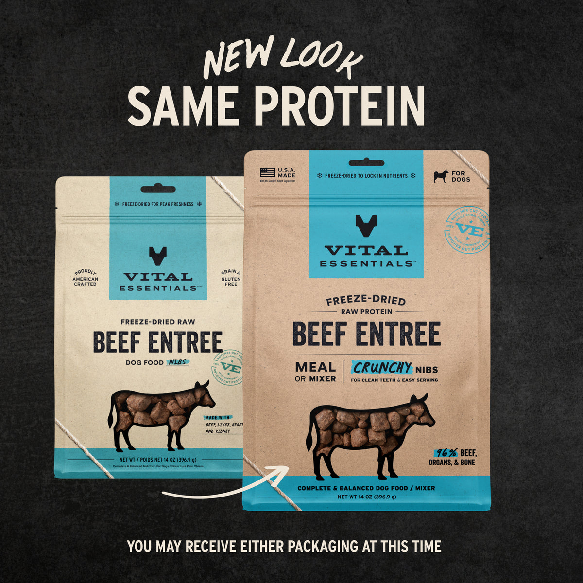 Vital Essentials Freeze-dried raw dog food crunchy nibs packed with whole animal protein for building lean strong muscles. 