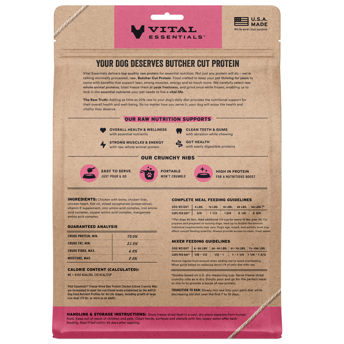 Vital Essentials premium freeze dried raw chicken dog food crunchy mini nibs made with responsibly sourced butcher cut protein.
