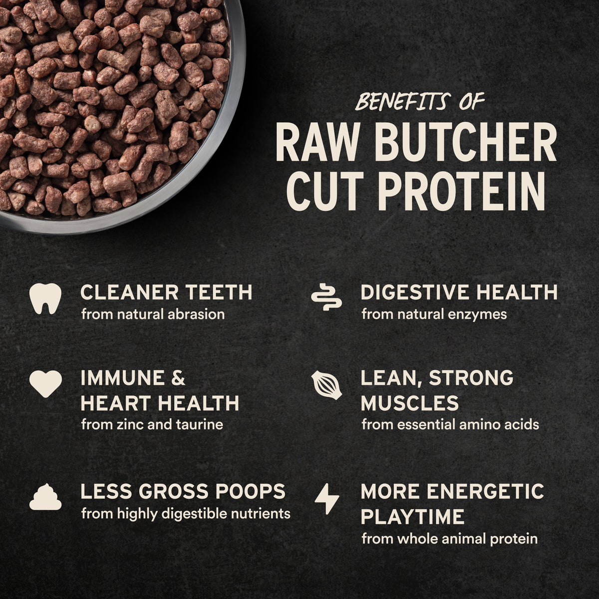 Vital Essentials premium freeze dried raw chicken dog food crunchy mini nibs made with responsibly sourced butcher cut protein.