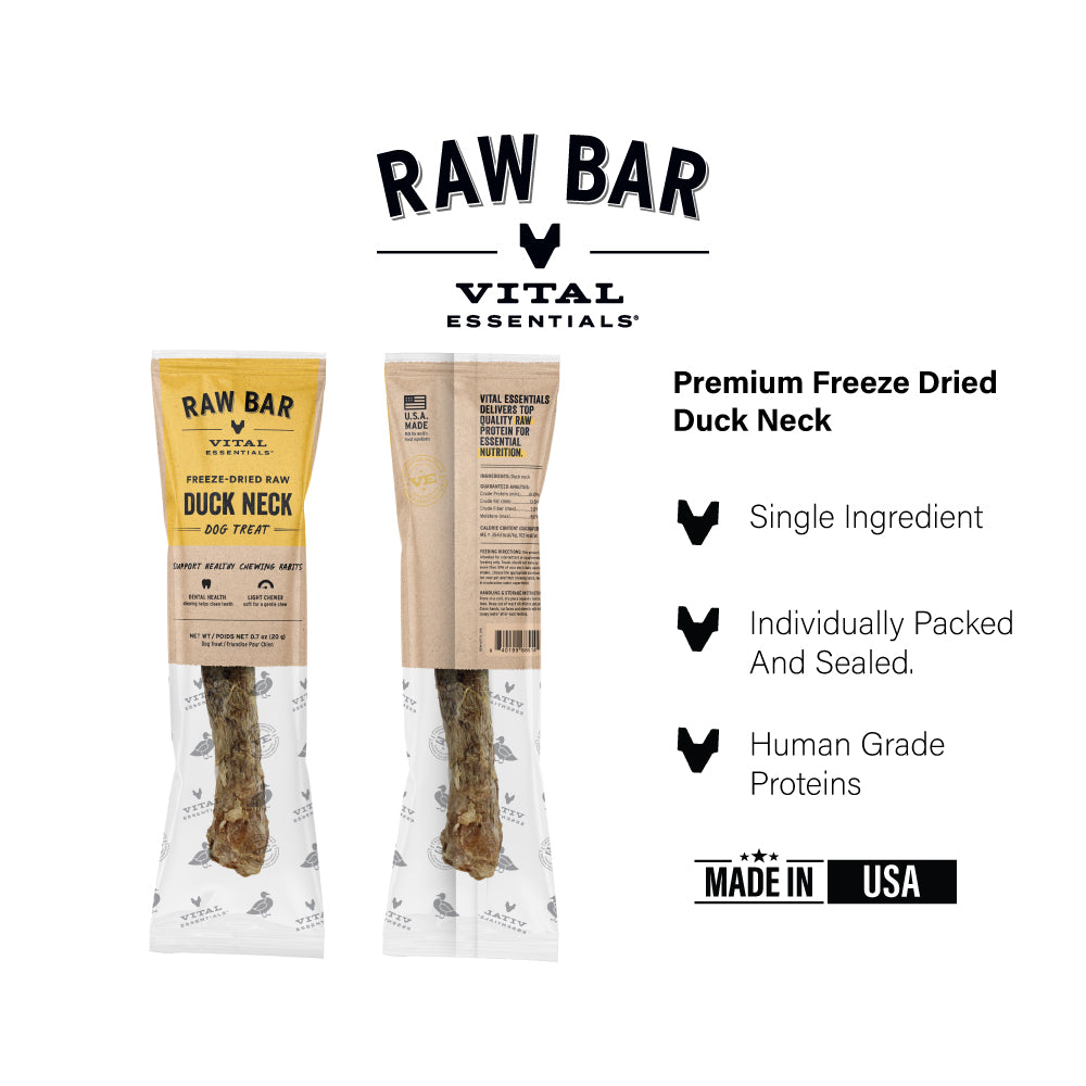 Vital Essentials freeze dried raw bar grain free single protein duck neck  0.7oz dog treat 
