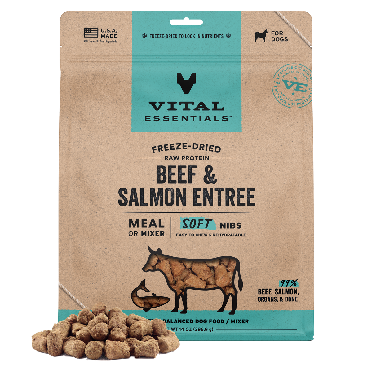 Vital Essentials freeze dried raw protein soft nibs formulated for easy chewing and natural dental abrasion.