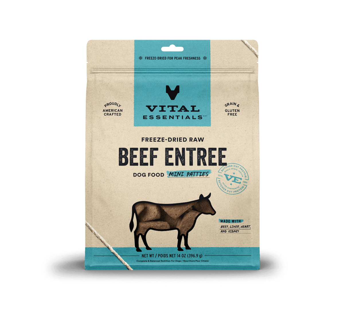 Vital Essentials high-protein freeze-dried dog food mini patties rich in essential amino acids, taurine, and zinc.