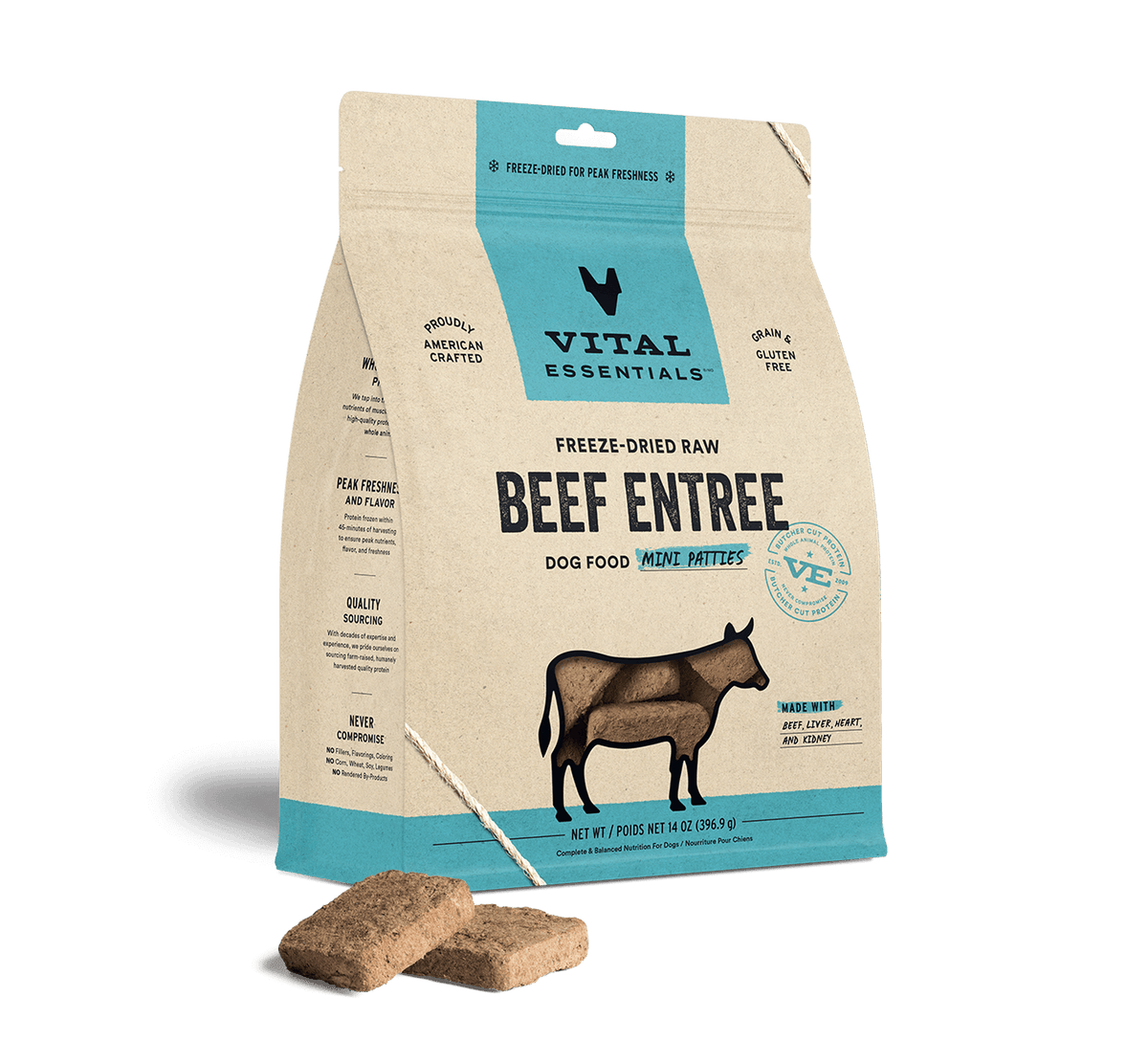 Vital Essentials high-protein freeze-dried dog food mini patties rich in essential amino acids, taurine, and zinc.