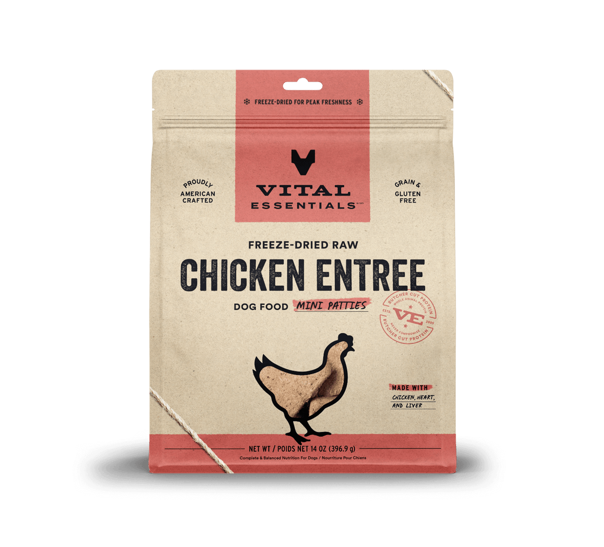 Vital Essentials high-protein freeze-dried dog food mini chicken patties rich in essential amino acids, taurine, and zinc.