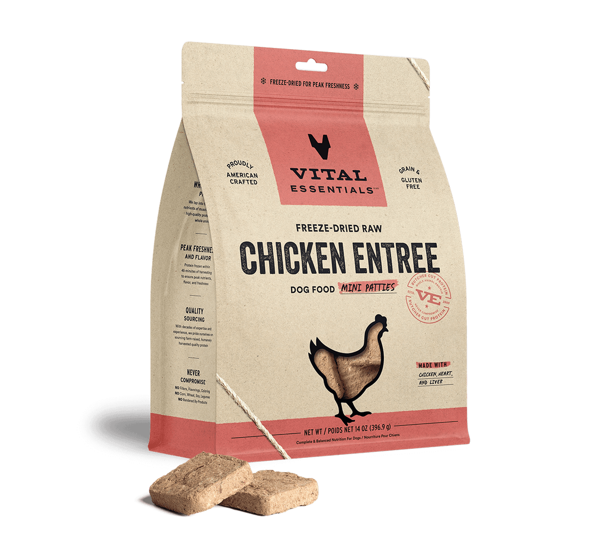 Vital Essentials high-protein freeze-dried dog food mini chicken patties rich in essential amino acids, taurine, and zinc.