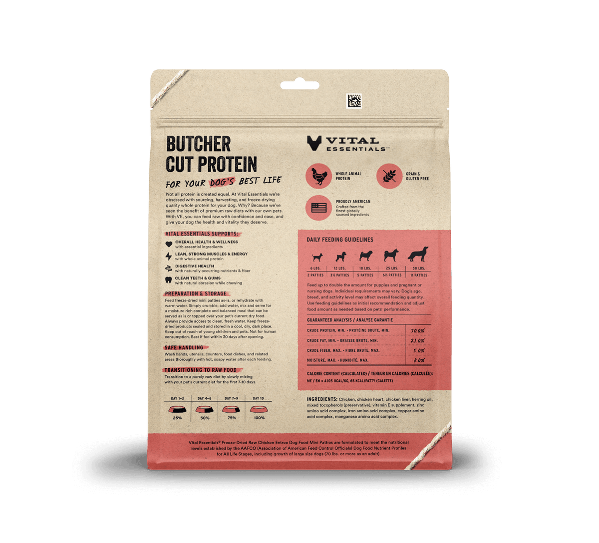 Vital Essentials high-protein freeze-dried dog food mini chicken patties rich in essential amino acids, taurine, and zinc.