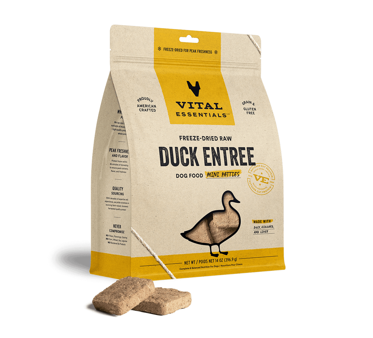 Vital Essentials high-protein freeze-dried dog food mini duck patties rich in essential amino acids, taurine, and zinc.