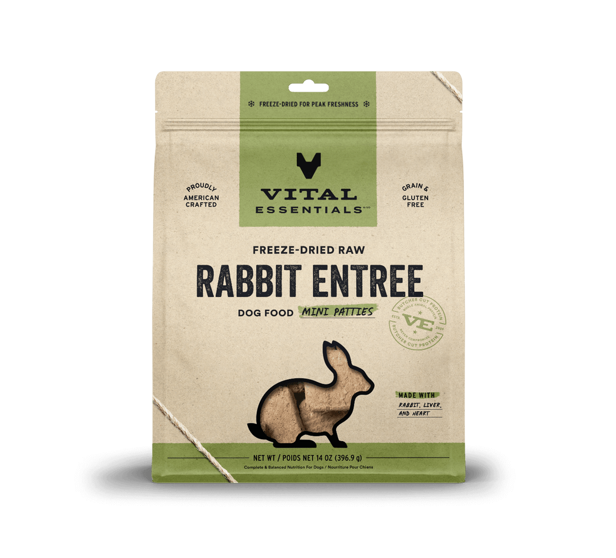 Vital Essentials high-protein freeze-dried dog food mini rabbit patties rich in essential amino acids, taurine, and zinc.
