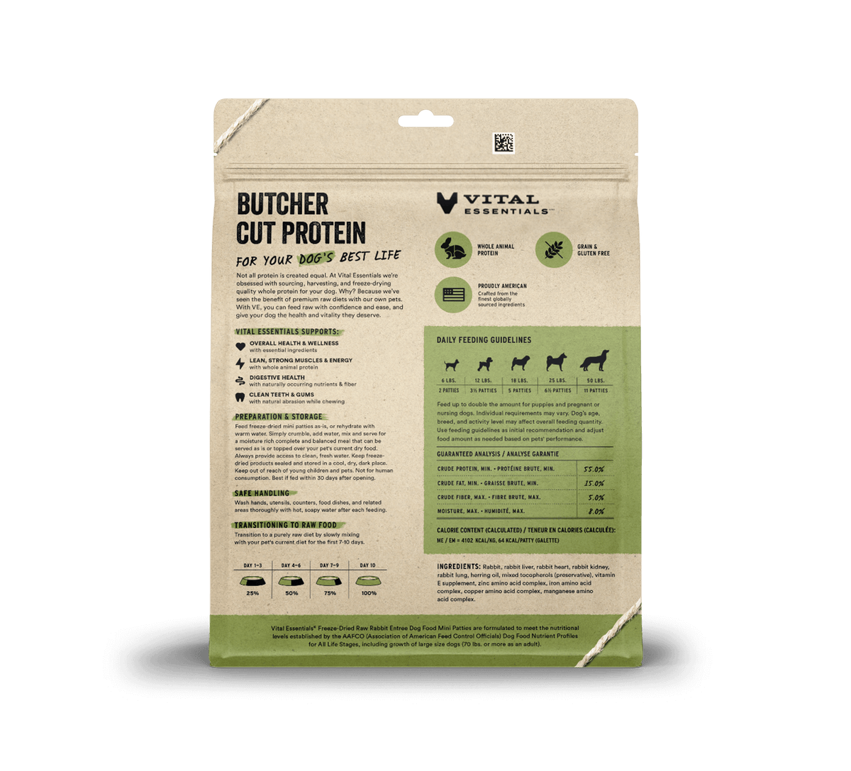 Vital Essentials high-protein freeze-dried dog food mini rabbit patties rich in essential amino acids, taurine, and zinc.