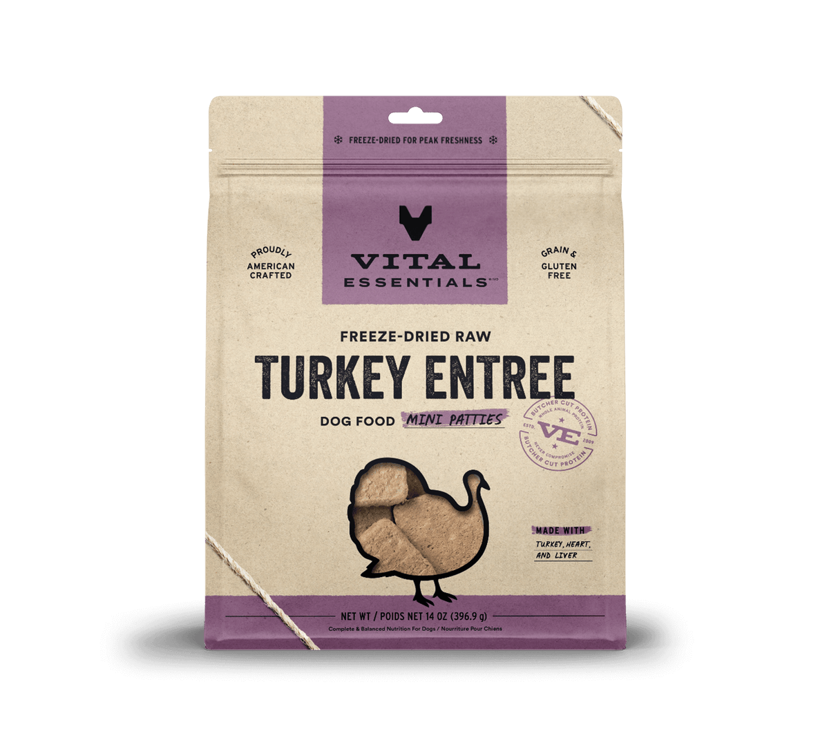 Vital Essentials high-protein freeze-dried dog food mini turkey patties rich in essential amino acids, taurine, and zinc.