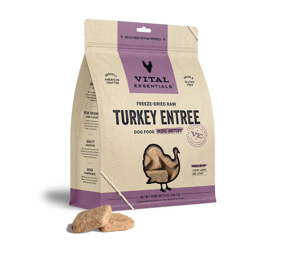 Vital Essentials high-protein freeze-dried dog food mini turkey patties rich in essential amino acids, taurine, and zinc.
