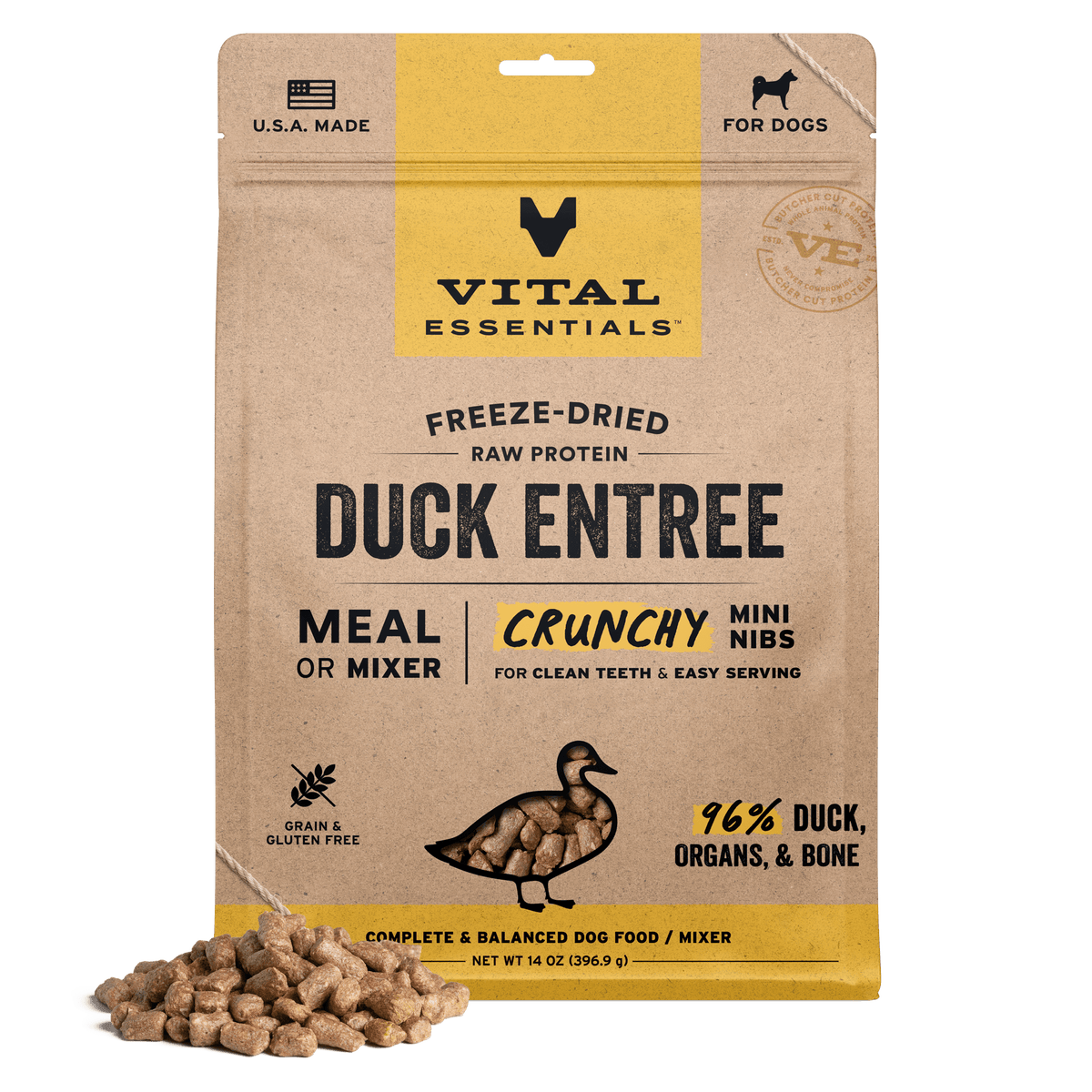 Vital Essentials 14oz nutritious freeze-dried raw dog crunchy mini nibs for healthy digestion and clean teeth
