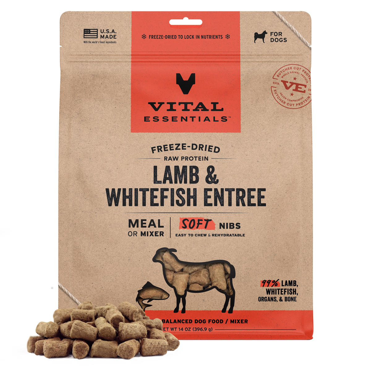 Vital Essentials freeze dried grain-free raw diet lamb and whitefish soft nibs formulated for easy chewing and natural gut health.
