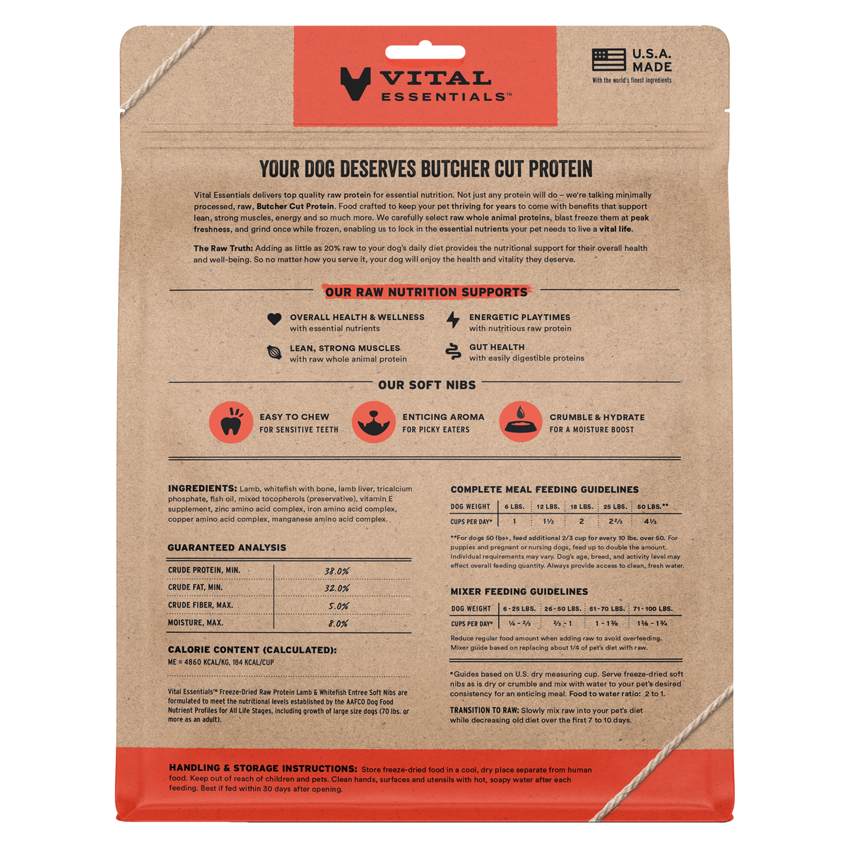 Vital Essentials freeze dried grain-free raw diet lamb and whitefish soft nibs formulated for easy chewing and natural gut health.