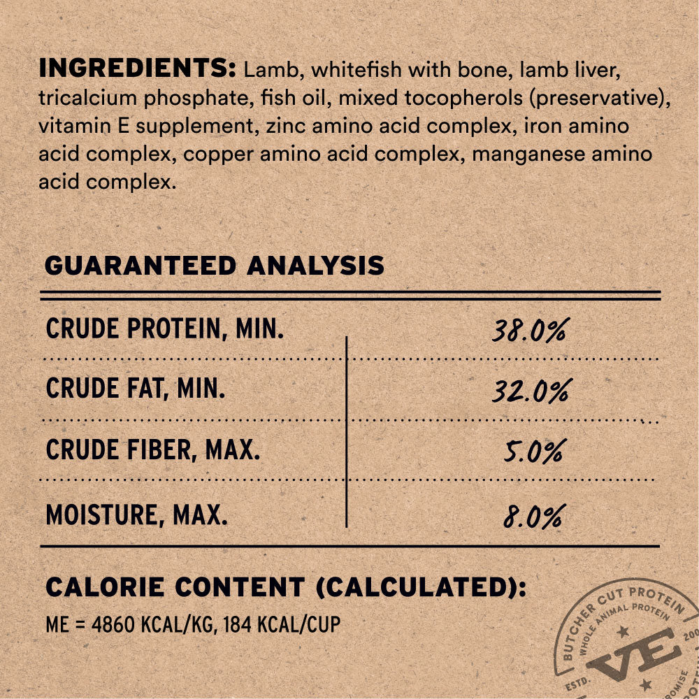 Vital Essentials freeze dried grain-free raw diet lamb and whitefish soft nibs formulated for easy chewing and natural gut health.