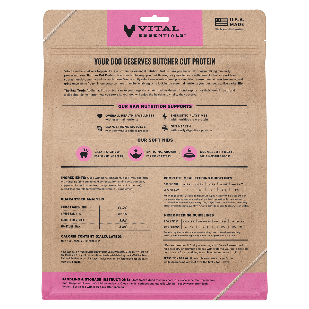 Vital Essentials freeze-dried raw soft nibs quail pheasant and egg 14oz nutrient-packed novel protein dog food bowl booster.