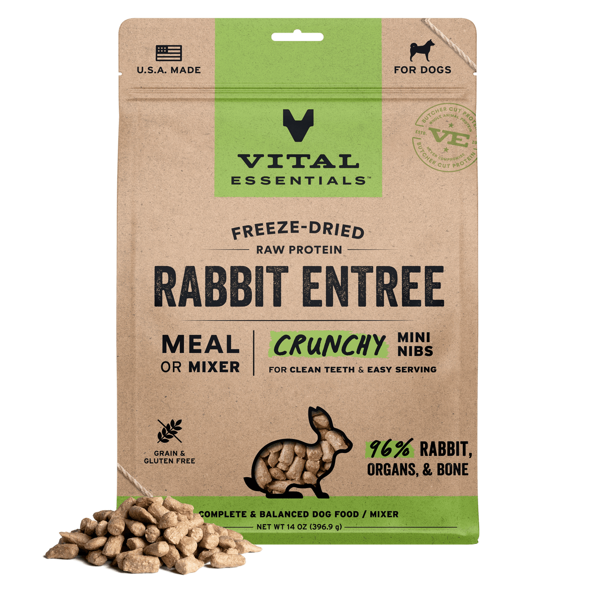 Vita Essentials 14oz nutritious freeze-dried raw dog crunchy mini nibs for healthy digestion and clean teeth