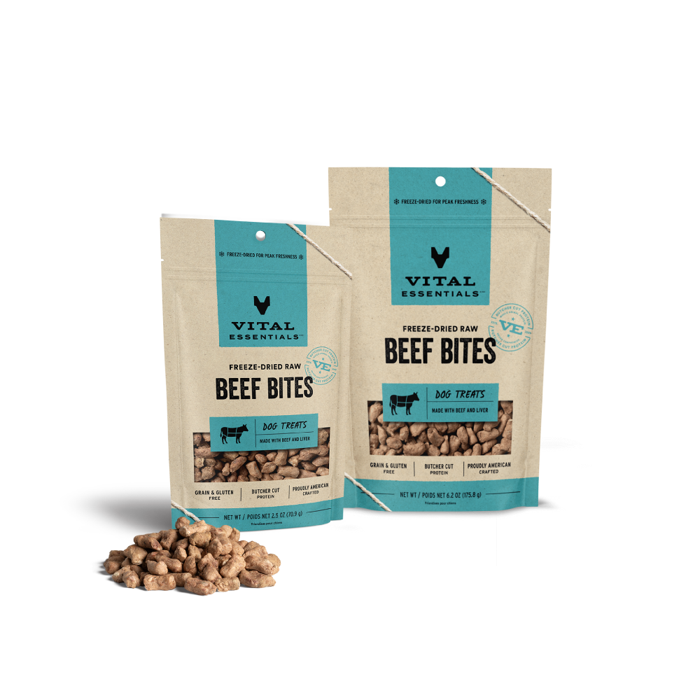 Vital Essentials freeze dried single protein beef bites, a nutrient rich high value training treat that supports canine oral health.
