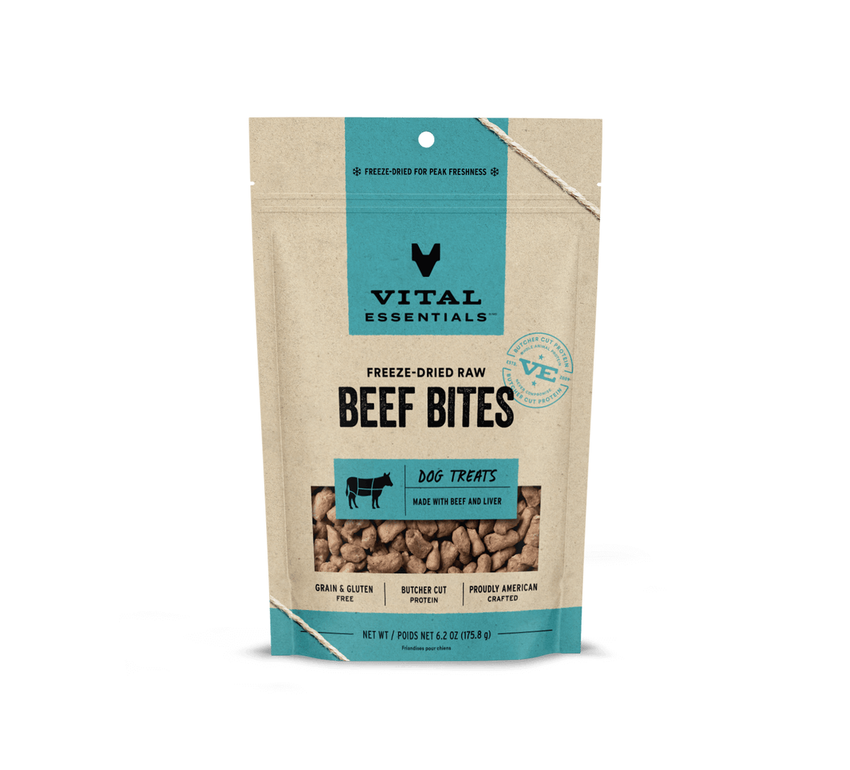 Vital Essentials freeze dried single protein beef bites, a nutrient rich high value training treat that supports canine oral health.